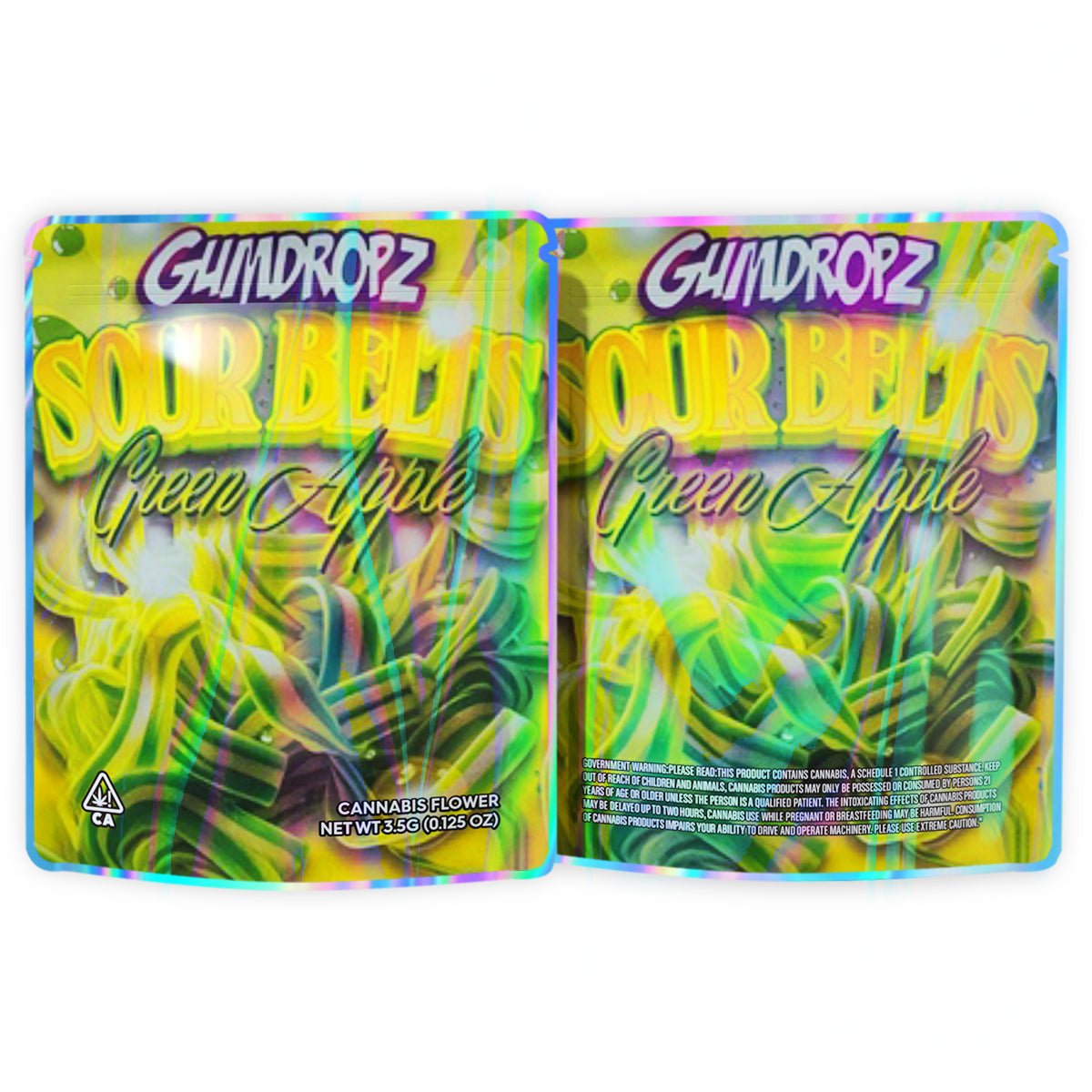 Gumdropz Sour Belts Green Apple Mylar Bags 3.5 Grams